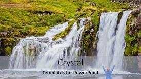  Presentation with waterfall woman - Cool new slide set with elderly woman - traveler enthusiastically raised backdrop and a light blue colored foreground