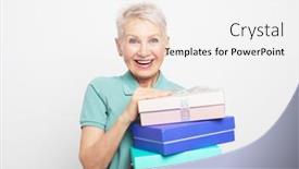  Presentation with 60s - Presentation design consisting of elderly-woman-60s-holding-present background and a white colored foreground