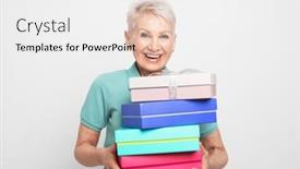  Presentation with 60s - Presentation design consisting of elderly-woman-60s-holding-present background and a white colored foreground