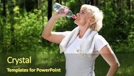  Presentation with water bottle - Presentation theme enhanced with elderly woman after exercising in the forest holding a bottle of water background and a tawny brown colored foreground