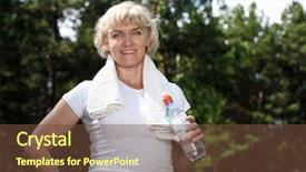  Presentation with bottle water - Theme consisting of elderly woman after exercising in the forest holding a bottle of water background and a tawny brown colored foreground