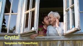 Presentation with house window - Slide set featuring elderly woman and her adult background and a tawny brown colored foreground