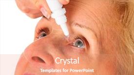  Presentation with elderly - PPT theme with elderly woman applying eye-drops background and a coral colored foreground