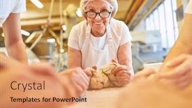  Presentation with bakery - Presentation design with elderly-woman-as-senior-boss background and a coral colored foreground