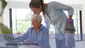  Presentation with elderly home - Presentation theme with menagement - elderly woman at home background and a ocean colored foreground