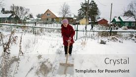 Presentation with elderly home - PPT layouts with elderly woman cleans the snow near his home background and a light gray colored foreground