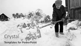  Presentation with elderly home - Colorful slide set enhanced with elderly woman cleans the snow near his home in the village black and white photo backdrop and a light gray colored foreground