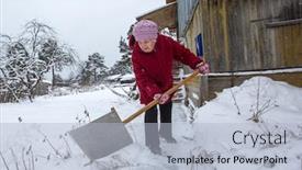  Presentation with rural home - Beautiful slide set featuring elderly woman cleans the snow near his rural home backdrop and a light blue colored foreground
