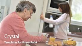  Presentation with elderly home - Colorful presentation theme enhanced with elderly woman doing crossword while homecarer helps at home backdrop and a coral colored foreground