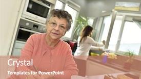  Presentation with elderly home - Beautiful presentation theme featuring elderly woman doing crosswords while homecare helps at home backdrop and a coral colored foreground