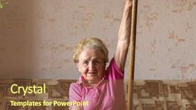  Presentation with elderly home - PPT theme with elderly woman doing rehab exercises background and a  colored foreground
