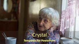  Presentation with elderly home - Beautiful PPT theme featuring elderly-woman-drinking-tea-sitting backdrop and a wine colored foreground