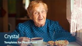  Presentation with tea - Beautiful slide deck featuring elderly woman drinking tea sitting backdrop and a ocean colored foreground