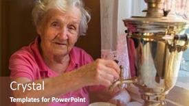  Presentation with russian - Beautiful PPT layouts featuring elderly woman drinking tea at table classic russian samovar backdrop and a red colored foreground