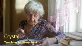  Presentation with elderly woman in nursing - Presentation design consisting of elderly woman eating soup sitting at a table in the house background and a tawny brown colored foreground
