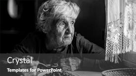  Presentation with black woman - Presentation theme featuring elderly-woman-eats-buckwheat-porridge background and a dark gray colored foreground