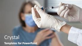  Presentation with coronavirus - Beautiful PPT theme featuring elderly-woman-getting-coronavirus-vaccine backdrop and a ocean colored foreground