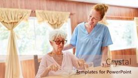  Presentation with assisted living - Presentation design featuring elderly-woman-having-lunch background and a coral colored foreground