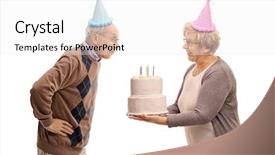  Presentation with white candles - Amazing PPT theme having elderly woman holding a birthday backdrop and a white colored foreground
