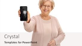  Presentation with elderly - Beautiful slide deck featuring elderly woman holding a mobile phone with a broken screen ready to be repaired isolated on white background backdrop and a lemonade colored foreground