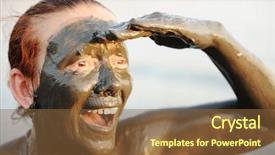  Presentation with mineral - Presentation with elderly woman in a bathing suit of natural mineral mud sourced from the dead sea in jordan background and a tawny brown colored foreground
