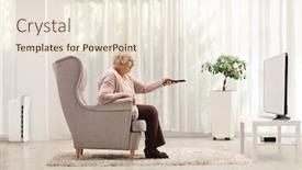  Presentation with remote - PPT theme with elderly-woman-in-an-armchair background and a lemonade colored foreground