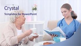  Presentation with caring - Amazing presentation design having elderly woman in light room backdrop and a sky blue colored foreground