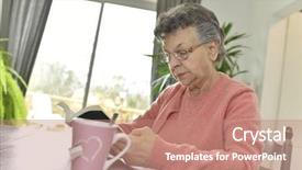  Presentation with nursing - Beautiful PPT theme featuring elderly woman in nursing home reading book backdrop and a coral colored foreground