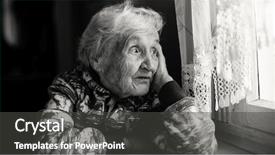  Presentation with house window - Slide deck having elderly woman in the house background and a dark gray colored foreground