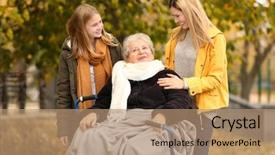  Presentation with elderly woman in nursing - Slides having love help care health support - elderly woman in wheelchair background and a coral colored foreground