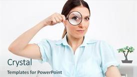  Presentation with eye glass - Audience pleasing presentation theme consisting of elderly woman looking through magnifying glass with her eye backdrop and a sky blue colored foreground