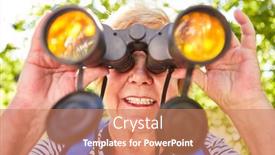  Presentation with elderly - Audience pleasing PPT layouts consisting of elderly-woman-looks-through-binoculars backdrop and a coral colored foreground