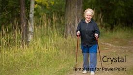  Presentation with walking nordic - Slide set featuring elderly woman practicing nordic walking outside of town background and a gold colored foreground