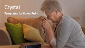  Presentation with religious bible - Beautiful slide deck featuring elderly woman praying over bible backdrop and a coral colored foreground