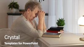  Presentation with woman praying over bible - PPT theme with elderly woman praying over bible background and a violet colored foreground