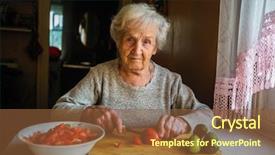  Presentation with elderly woman in nursing - Colorful slide deck enhanced with elderly woman prepares a meal backdrop and a tawny brown colored foreground