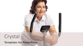  Presentation with exercise bike - PPT layouts having elderly woman resting on an exercise bike isolated on white background background and a soft green colored foreground