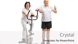  Presentation with exercise bike - Beautiful PPT layouts featuring elderly woman riding an exercise bike with an elderly man making a thumb up gesture isolated on white background backdrop and a white colored foreground