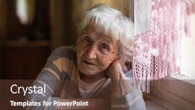  Presentation with elderly home - Theme with elderly woman sits sadly near the window at his home background and a tawny brown colored foreground