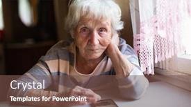  Presentation with elderly - PPT theme with elderly-woman-sits-with-smartphone background and a tawny brown colored foreground