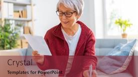  Presentation with elderly - Colorful PPT theme enhanced with elderly-woman-sitting backdrop and a violet colored foreground