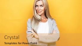  Presentation with elderly - PPT theme consisting of elderly-woman-standing-over-yellow background and a yellow colored foreground