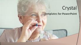  Presentation with drugs - Amazing slide set having elderly woman taking pill backdrop and a light gray colored foreground