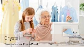  Presentation with sew - Slide deck featuring elderly-woman-teaching-little-girl background and a soft green colored foreground