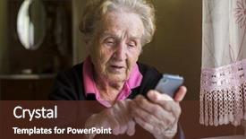  Presentation with smartphone - Beautiful PPT theme featuring elderly woman typing backdrop and a tawny brown colored foreground