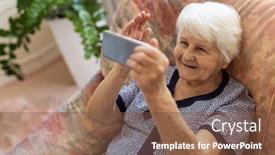  Presentation with elderly home - Slide set having elderly-woman-using-smartphone background and a tawny brown colored foreground