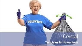  Presentation with waste - PPT layouts consisting of elderly-woman-volunteer background and a ocean colored foreground