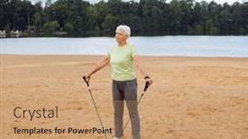  Presentation with active life - Presentation theme featuring elderly-woman-wear-sportswear-doing background and a coral colored foreground