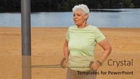  Presentation with active life - Presentation theme having elderly-woman-wear-sportswear-doing background and a coral colored foreground