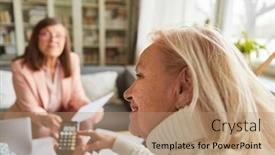 Presentation with retirement calculator - PPT layouts consisting of elderly-woman-with-a-calculator background and a coral colored foreground